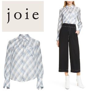 Joie “Malach” silk plaid blouse in porcelain & blue